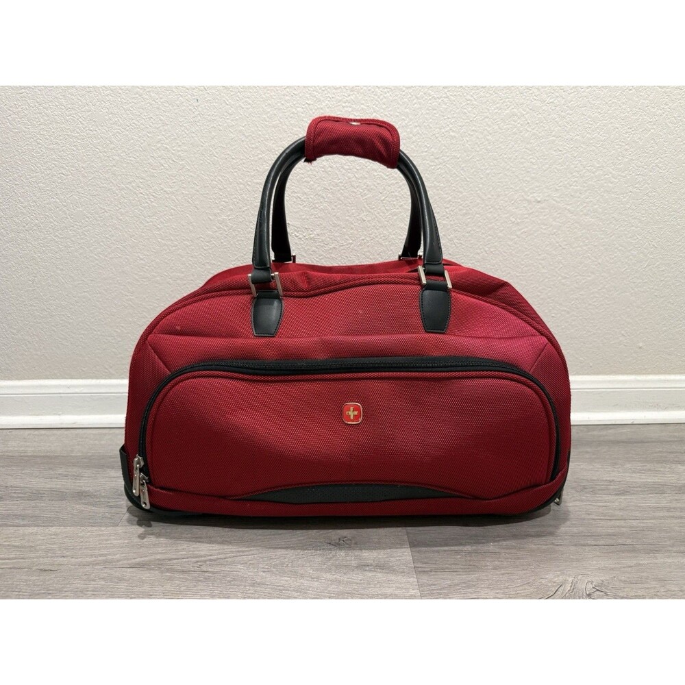 Swiss Gear rolling duffle bag Red Leather Straps  compact luggage Excellent Cond